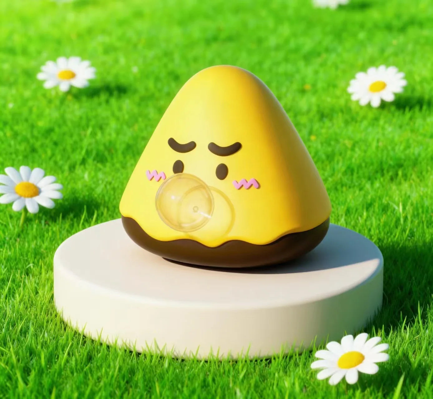 Yellow avocado-shaped lamp on a grassy background with daisies