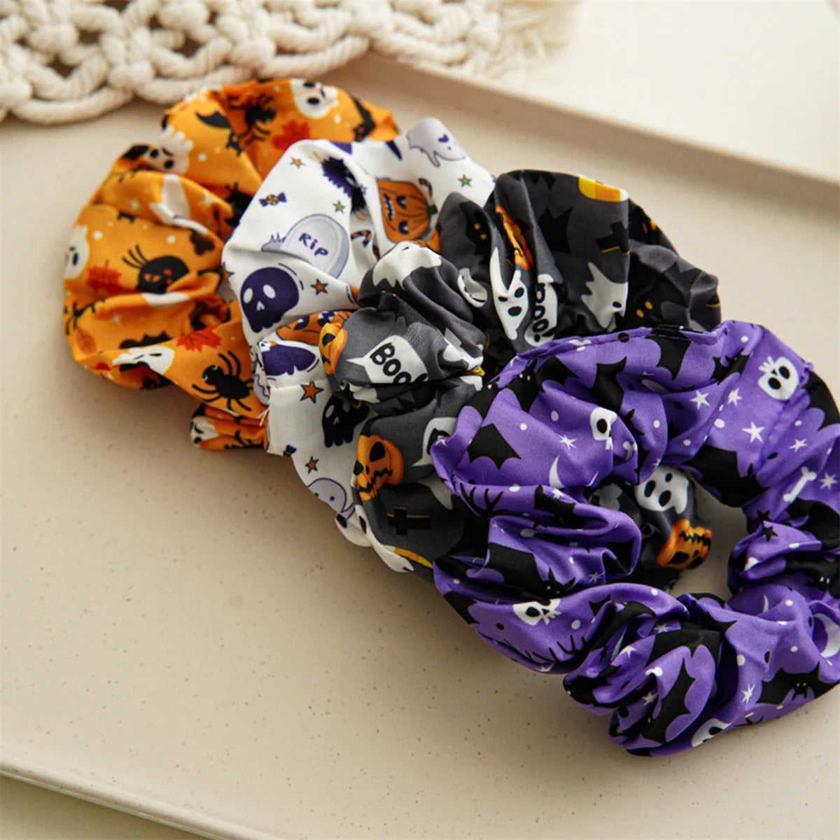 four Satin Halloween Hair Scrunchies 