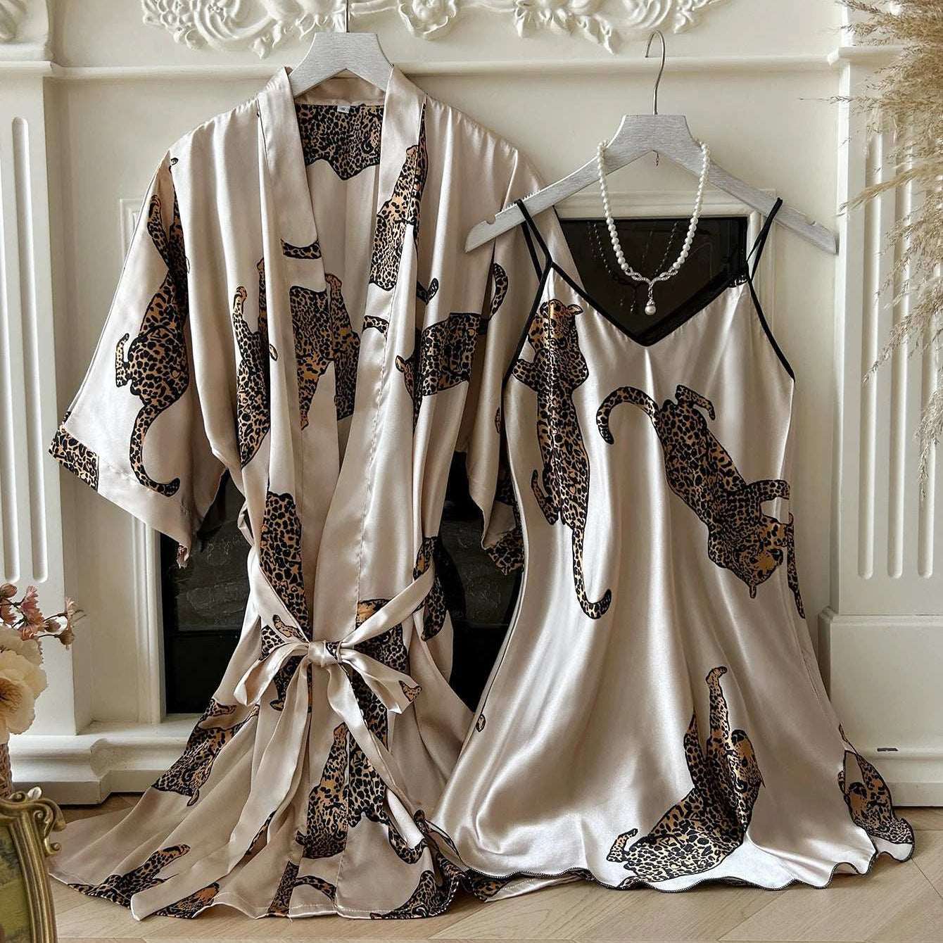 Leopard Print Satin Pajama 2 Piece Set