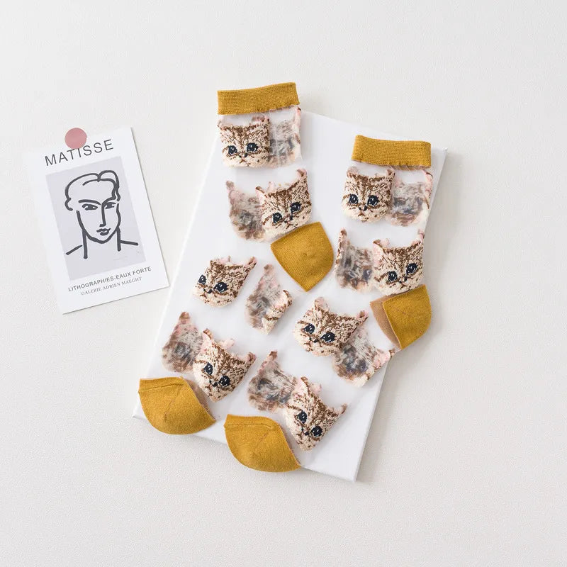 Transparent Cute Cat Socks - mustard. Gifts for cat lovers
