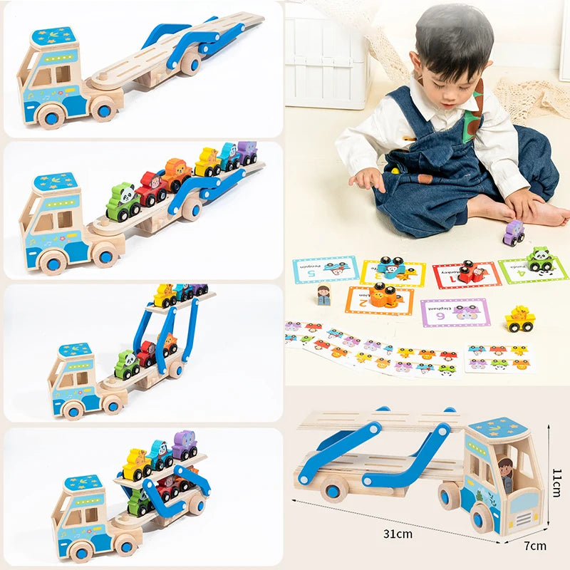 Collage of a wooden toy truck with cars, a child playing with it, and educational materials.