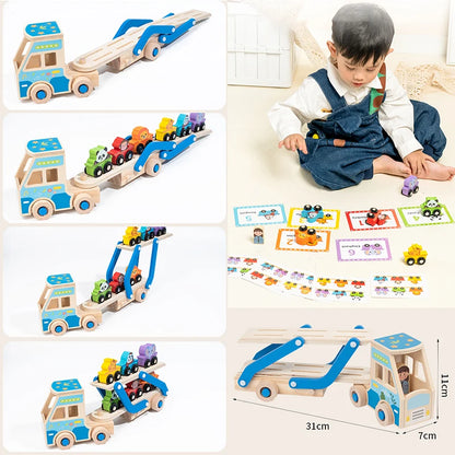 Collage of a wooden toy truck with cars, a child playing with it, and educational materials.