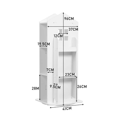 White wooden shelf with dimensions labeled on a white background
