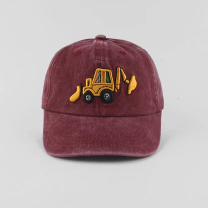 Maroon cap with a yellow bulldozer emblem on a light gray background