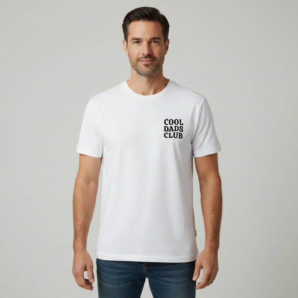 man wearing white cool dads club tshirt