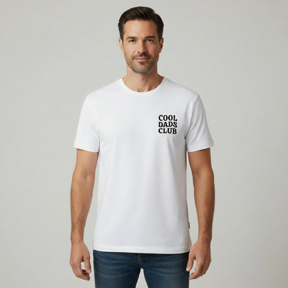 man wearing white cool dads club tshirt