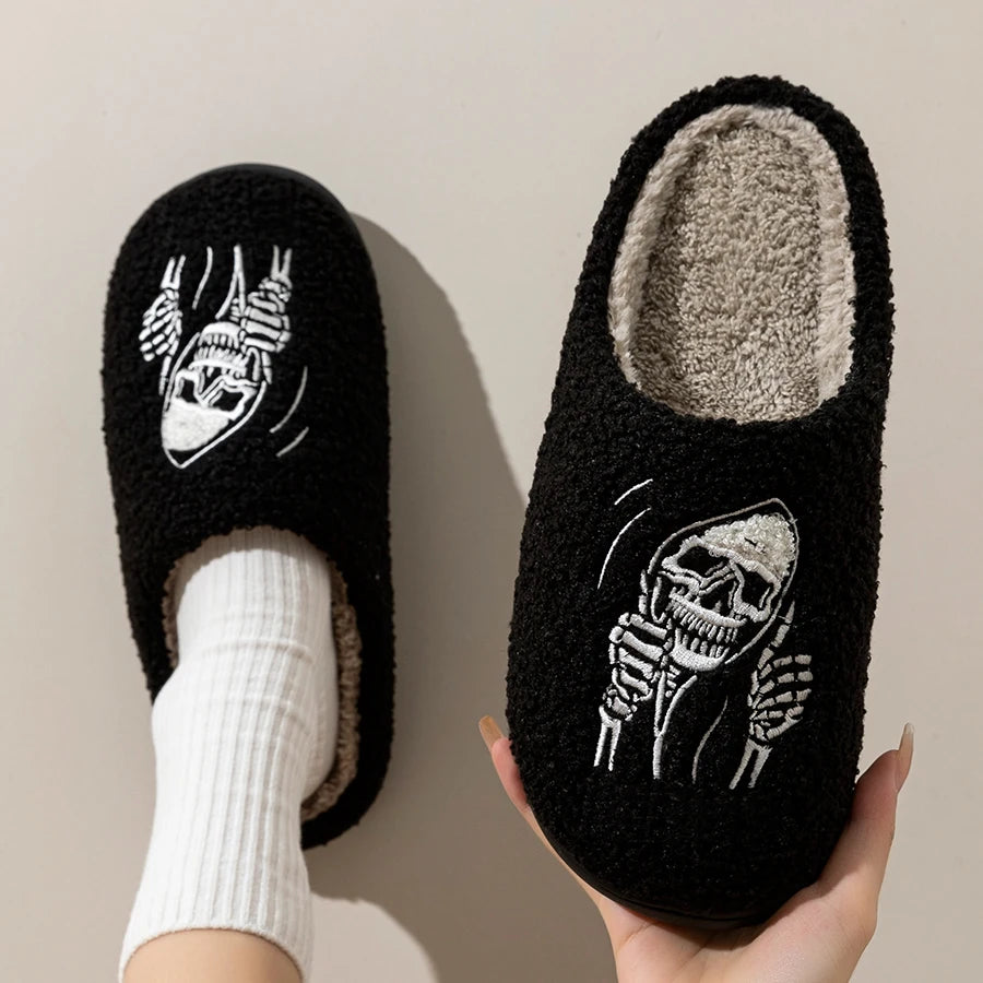 model wearing Halloween Grim Reaper Skull Face Slippers