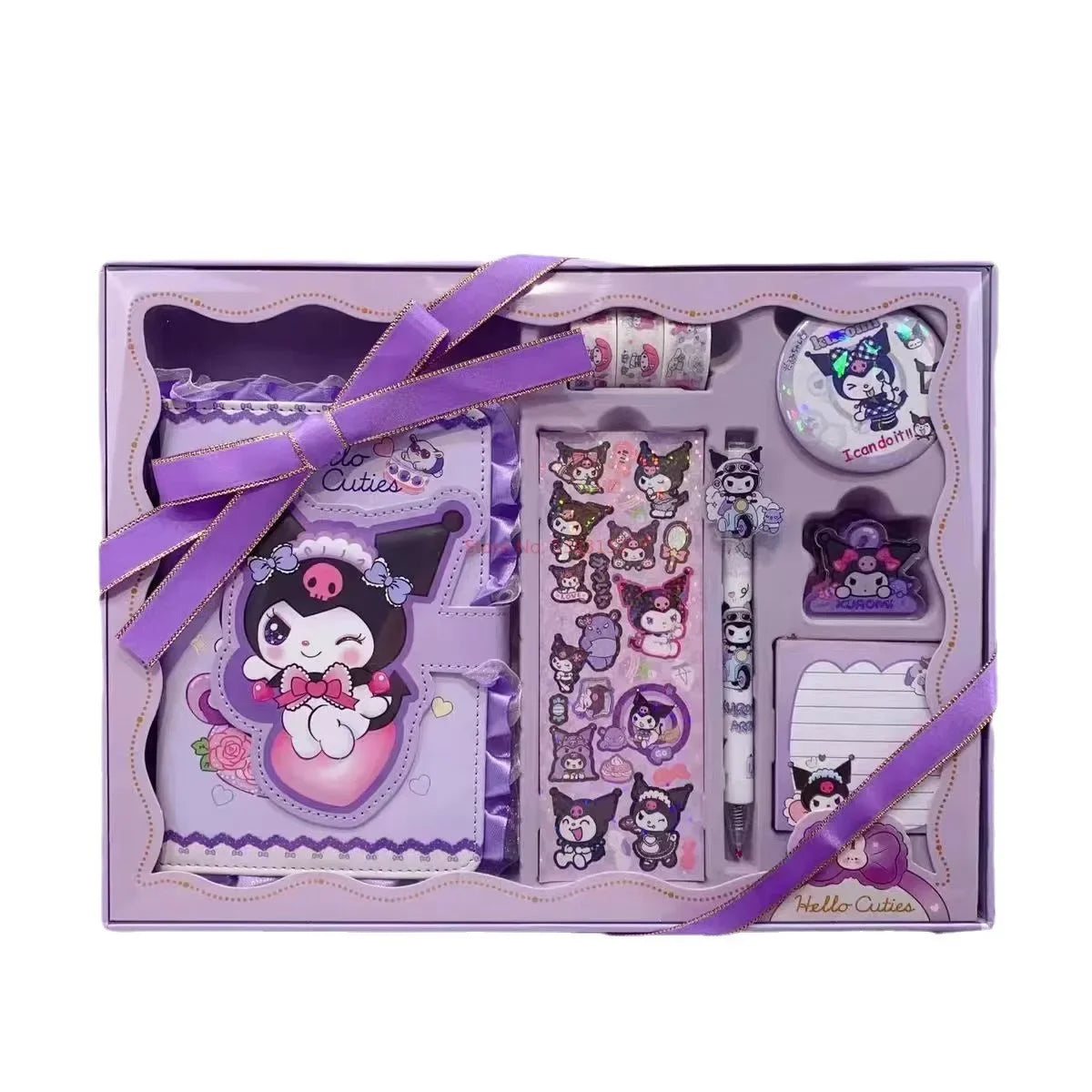 Kawaii-themed stationery set with a purple bow in a box