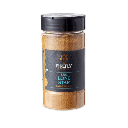 Jar of Firefly S.P.G. Lone Star barbecue seasoning on a white background
