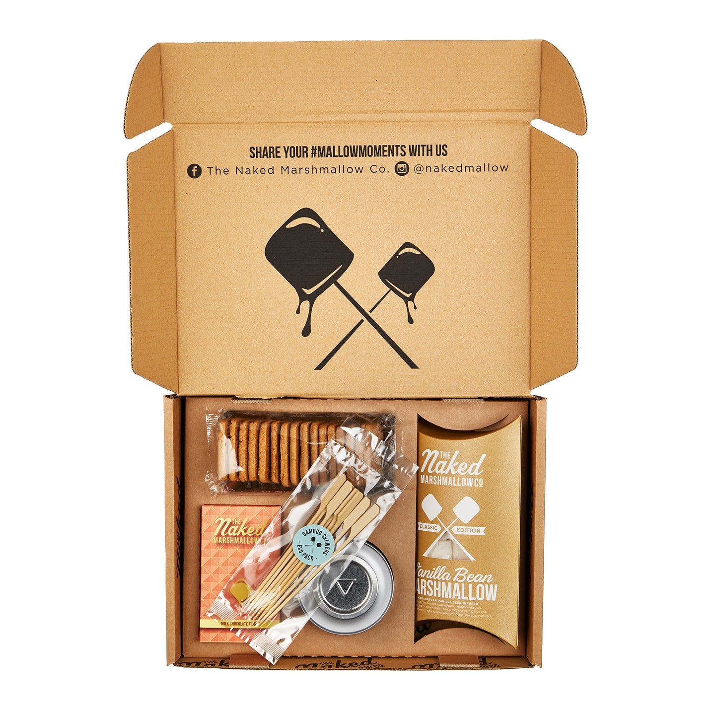 Naked Marshmallow Co. gift set packaging with marshmallows, sticks, and a thermometer.