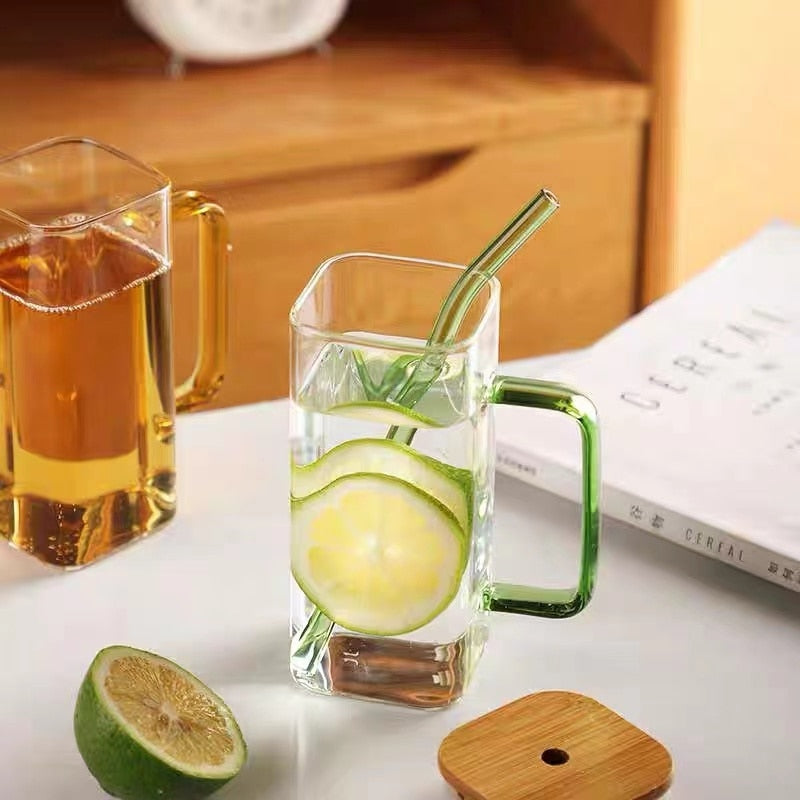 Square Glass Mug With Lid and Straw - 400ml - mugs from Dear Cece - Just £9.99! Shop now at Dear Cece