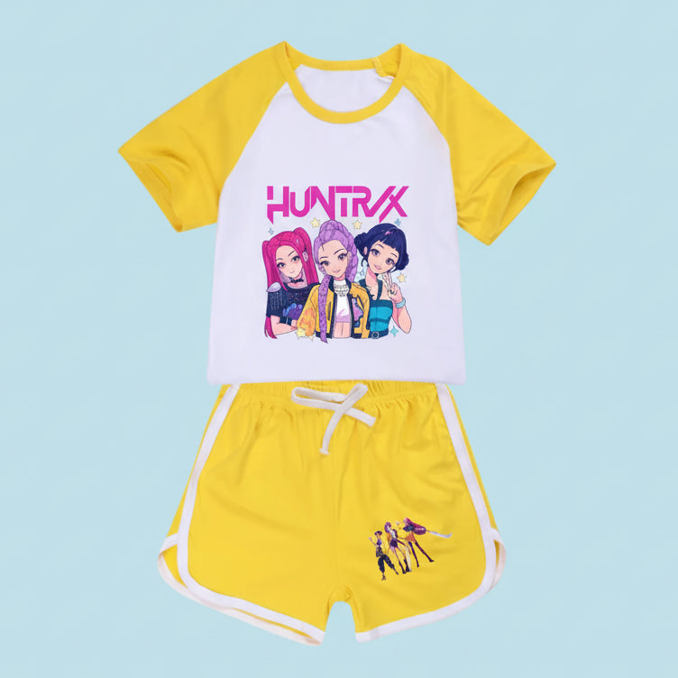 Children's outfit with yellow and white top and shorts featuring 'HUNTRX' on a white background