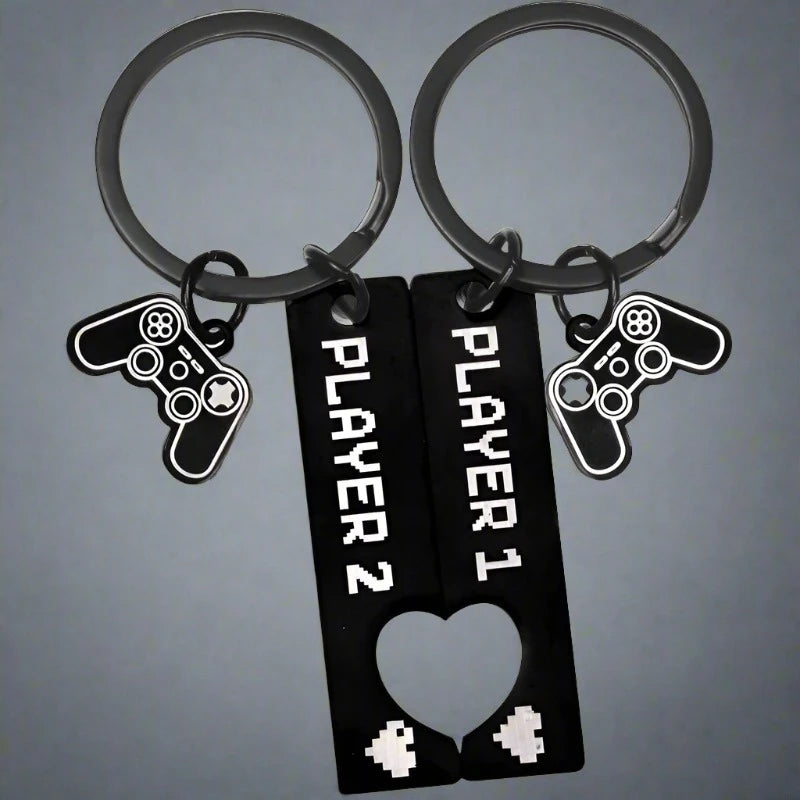 black gamer couple keychain player one and player two