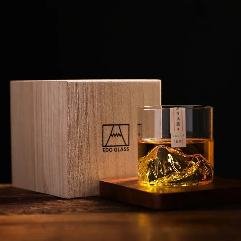 Japanese 3D Mountain Whiskey Glass with Wooden Gift Box