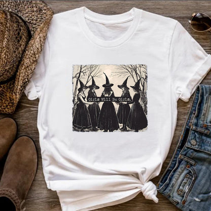 white Vintage Halloween Witch T-Shirt "Girls will be Girls"