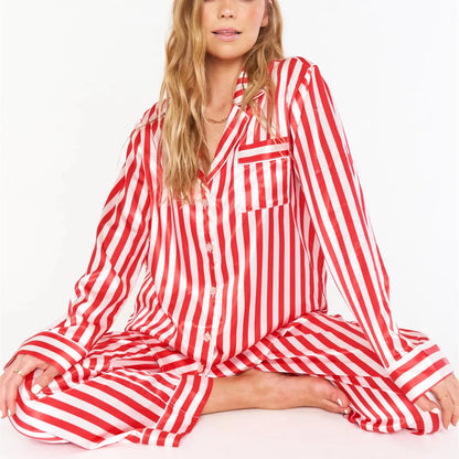 Silk Satin Striped Womens Christmas Pyjama Set