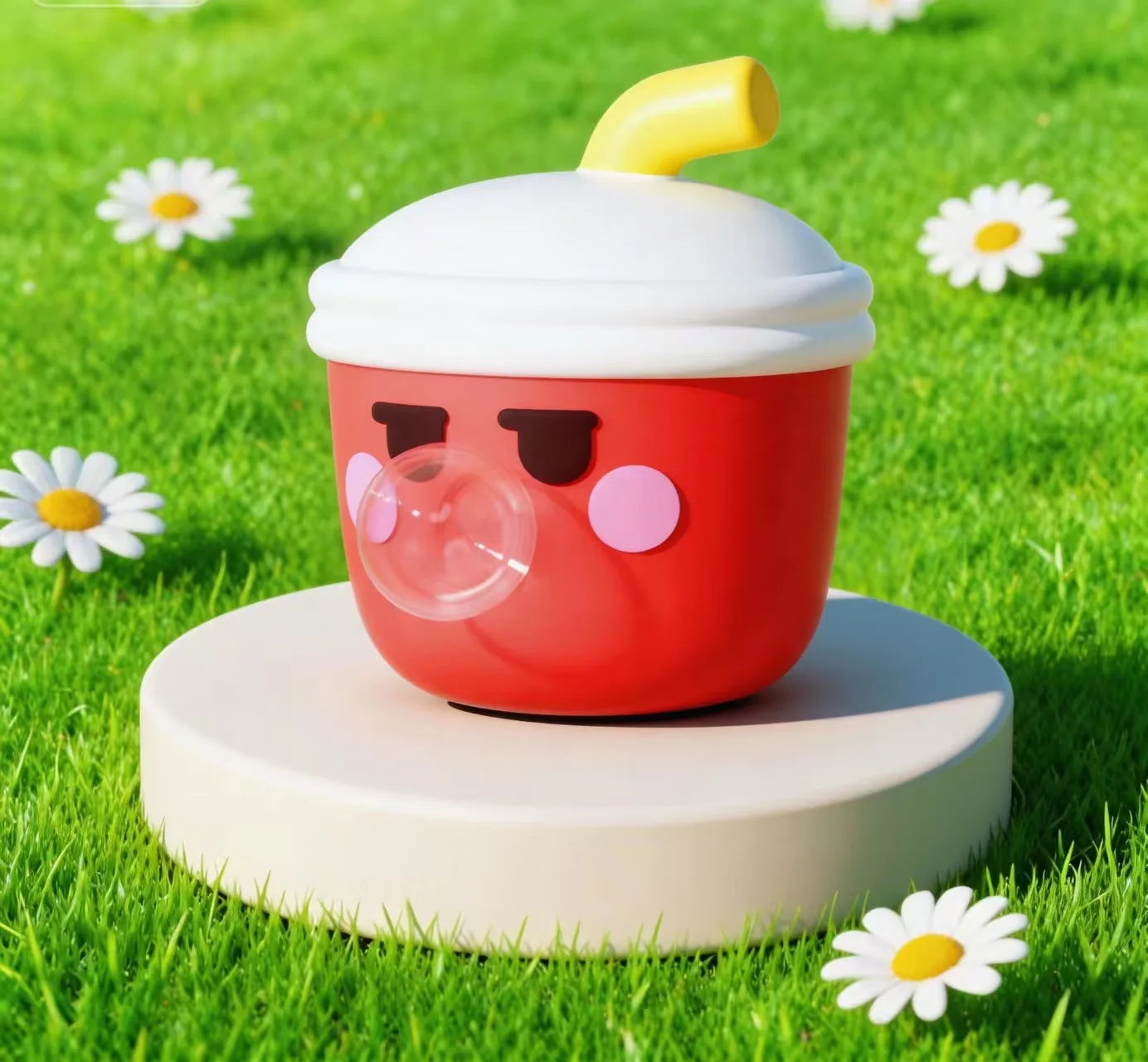Red cup-shaped character with a white lid on a grassy background with flowers