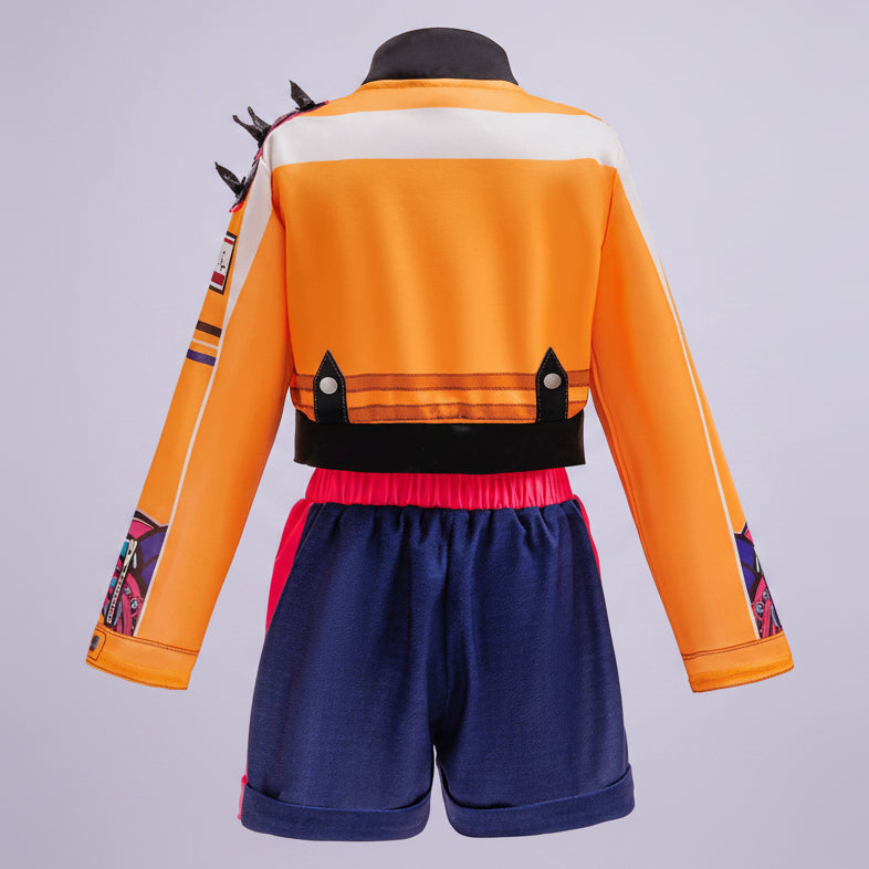 Colorful children's jacket and shorts set on a white background