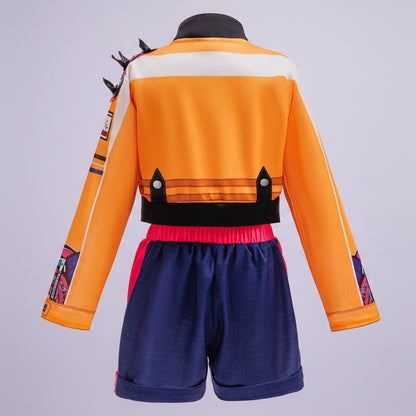 Colorful children's jacket and shorts set on a white background