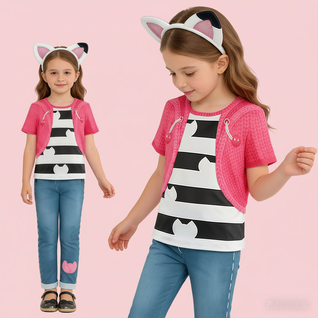Two images of a girl wearing a black and white striped shirt with pink accents and blue jeans, one with cat ears and the other without.