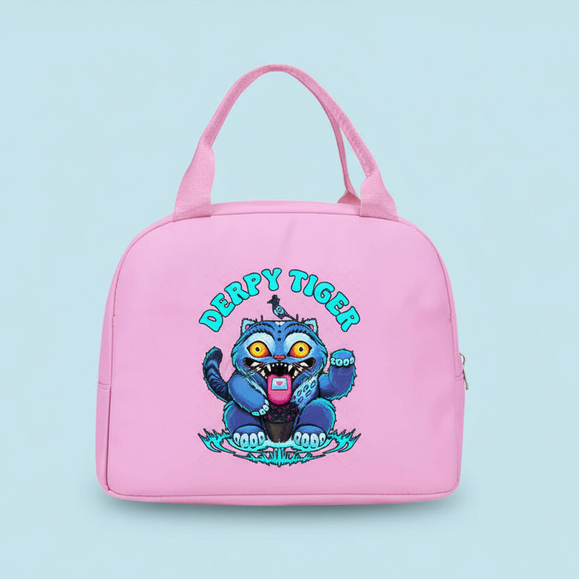 Pink bag with a cartoon tiger design and 'Derpy Tiger' text on a white background