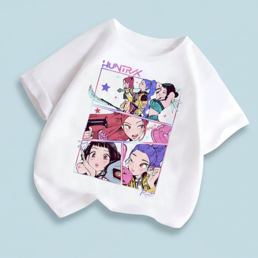 White t-shirt with colorful graphic design on a light blue background