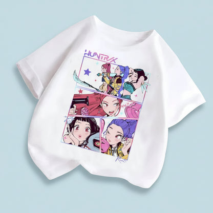 White t-shirt with colorful graphic design on a light blue background