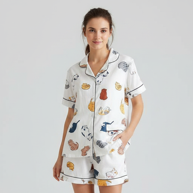 100% Cotton Cat Print Pyjama Set | Soft Cat Lover PJ Set
