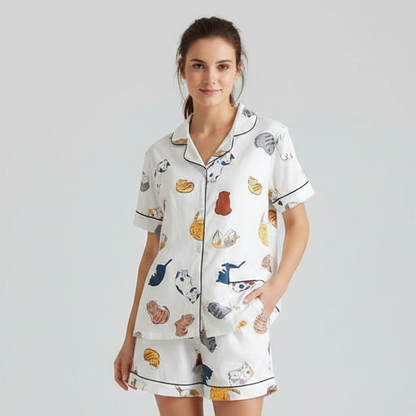 100% Cotton Cat Print Pyjama Set | Soft Cat Lover PJ Set