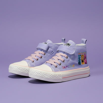 Pair of purple high-top sneakers with character graphics on a gray background