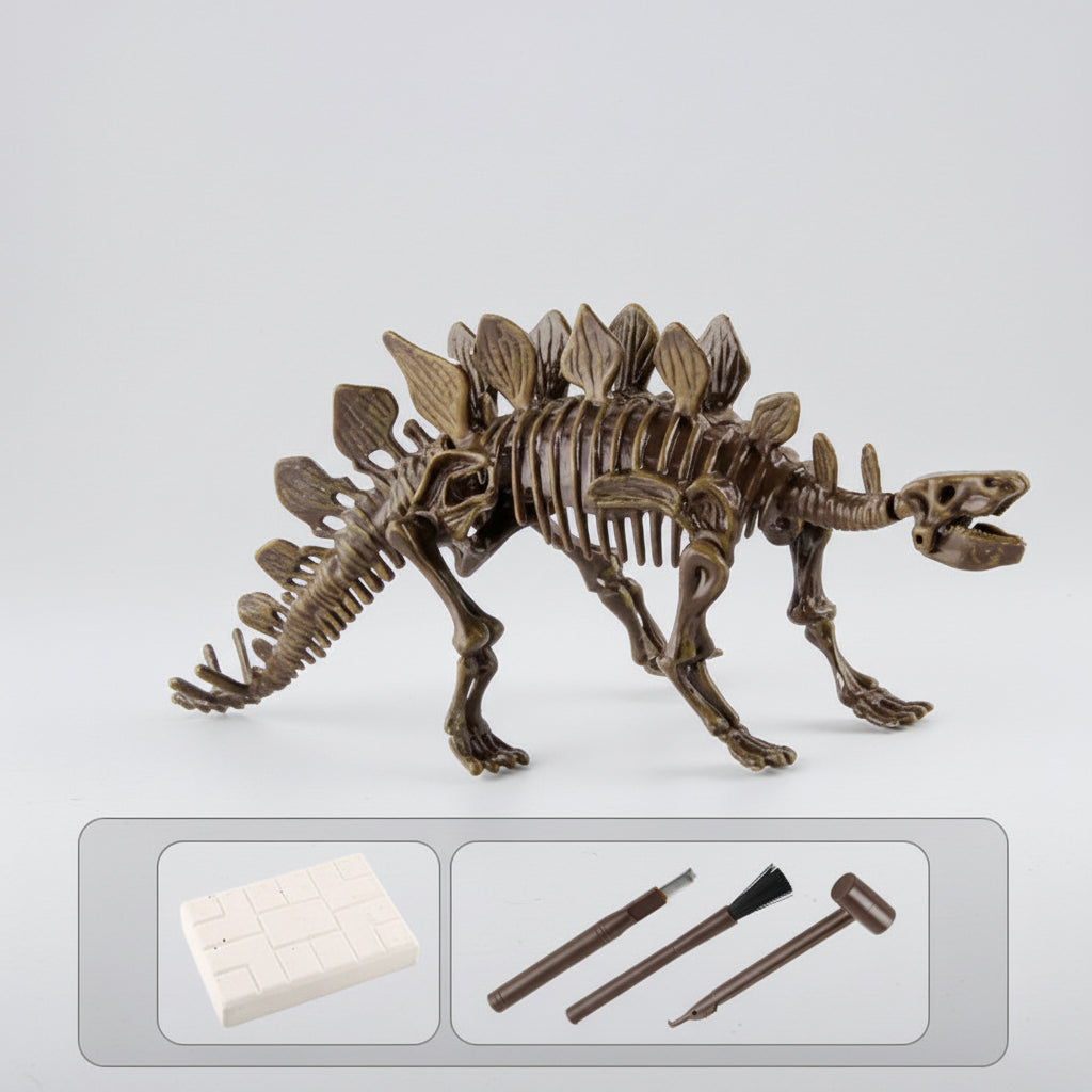 Dinosaur skeleton model with packaging and tools on a white background