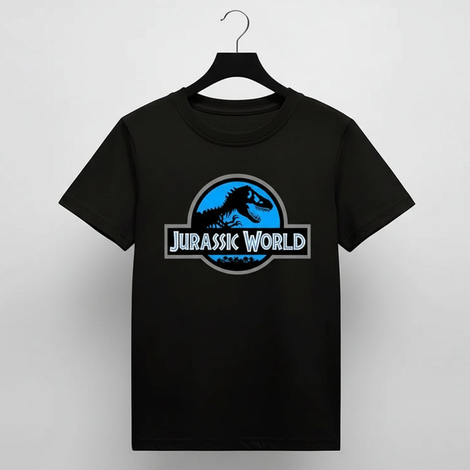 Black t-shirt with Jurassic World logo on a hanger