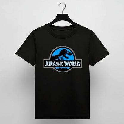 Black t-shirt with Jurassic World logo on a hanger
