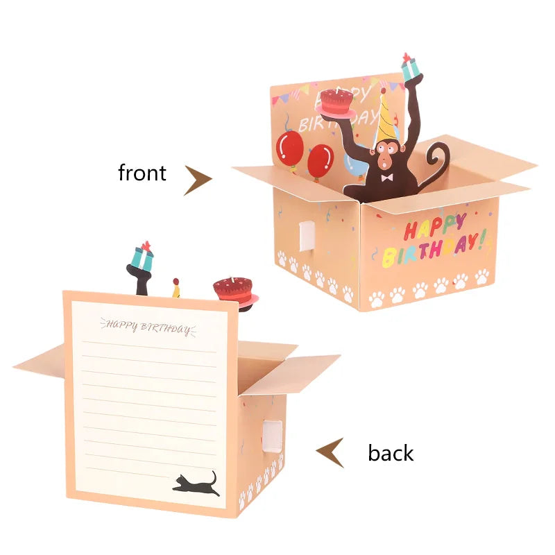 Illustration of a birthday-themed cardboard box with a monkey and cake, labeled 'Happy Birthday'.