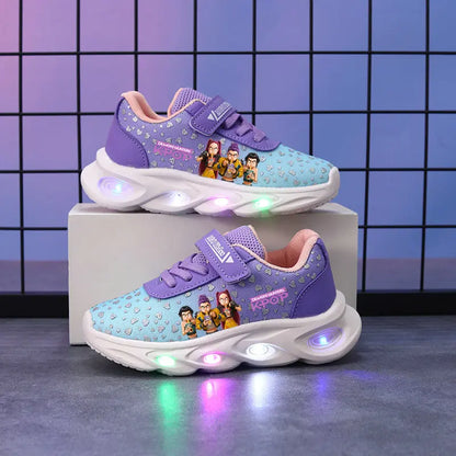 Children's LED shoes with character designs on a grid background