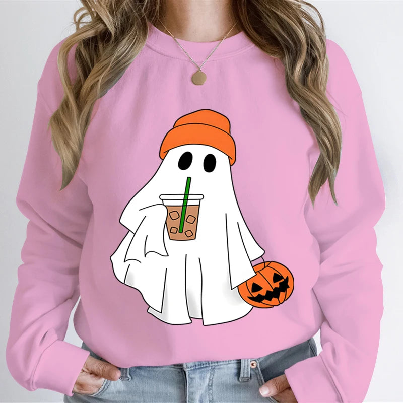 pink Halloween Ghost Coffee Graphic Sweatshirt