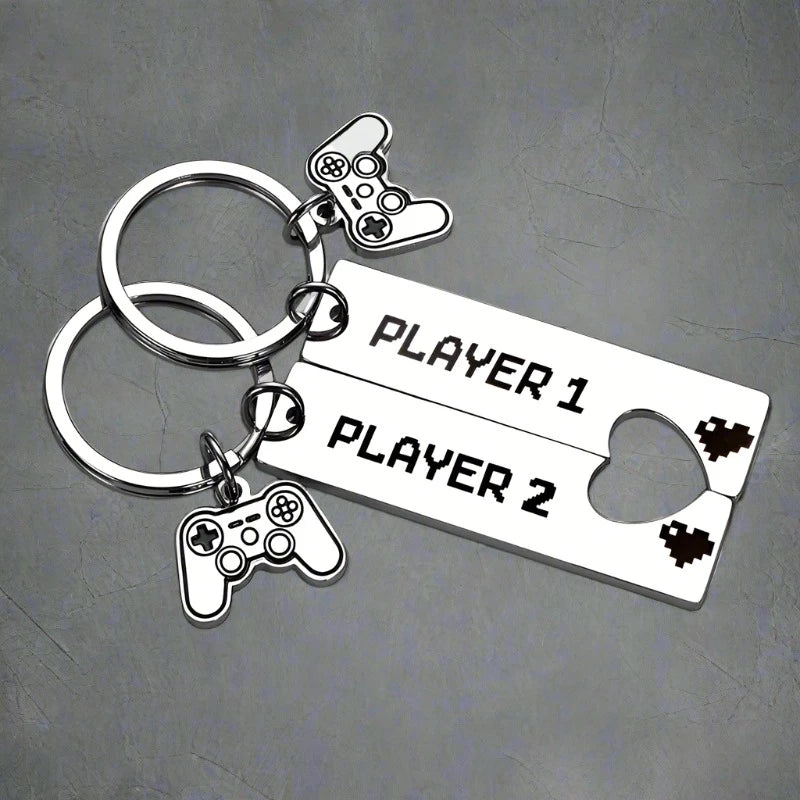 gaming couple keychain set. His and hers silver