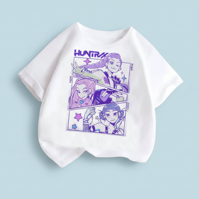 White t-shirt with purple graphic design on a gray surface