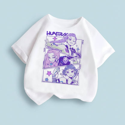 White t-shirt with purple graphic design on a gray surface