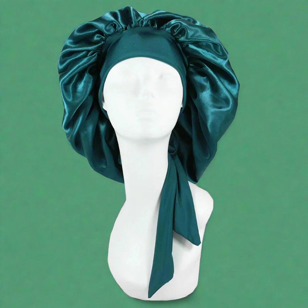 emerald green satin night cap for curly hair