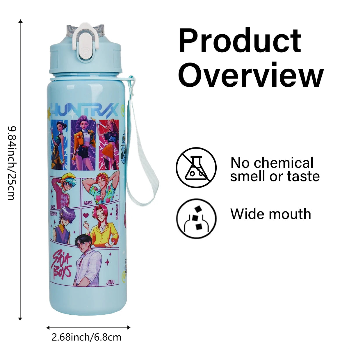 Light blue water bottle with character design, measurements, and features on a white background
