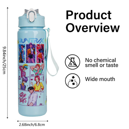 Light blue water bottle with character design, measurements, and features on a white background