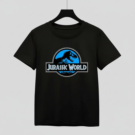 Black t-shirt with Jurassic World logo on a hanger