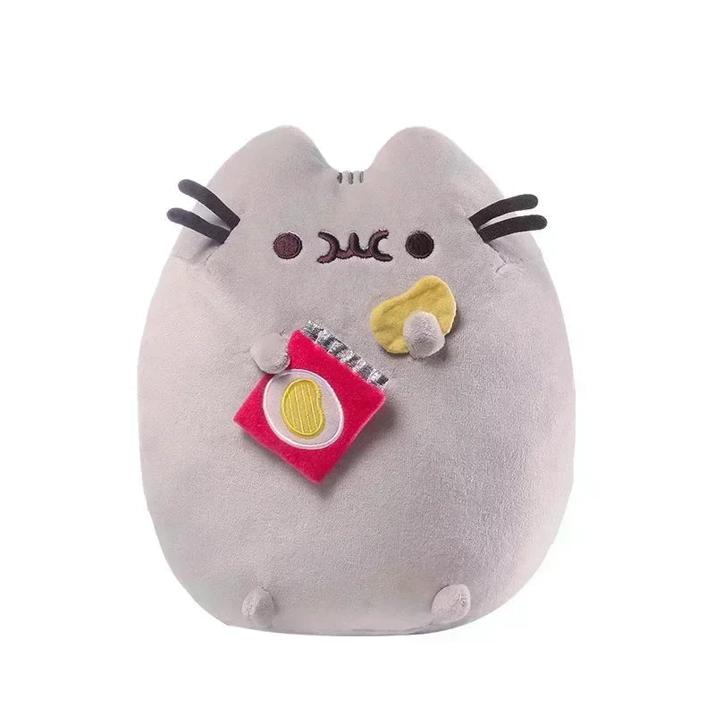 Plush toy resembling a cat with a red phone and yellow button on a white background