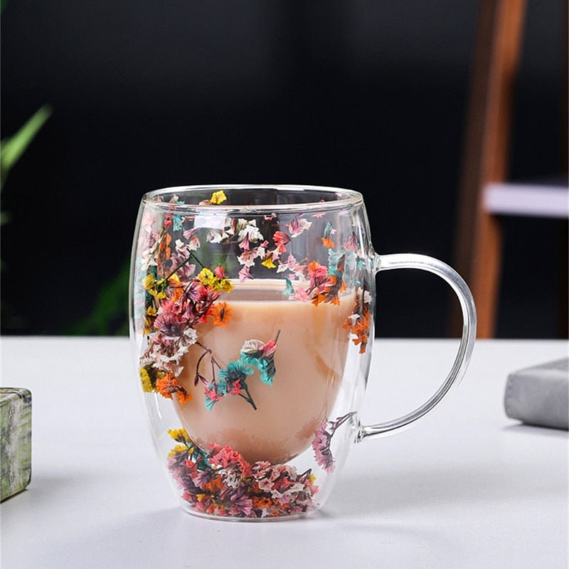 flower double wall glass mug
