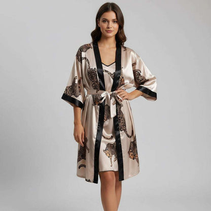 Leopard Print Satin Pajama 2 Piece Set