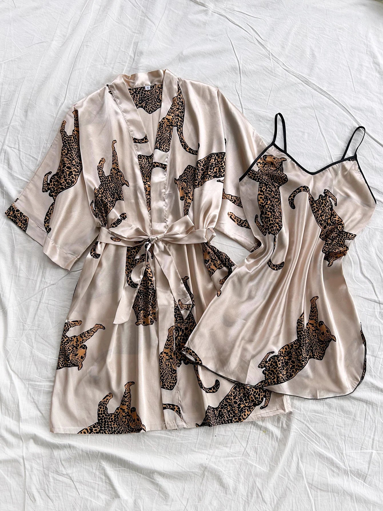 Leopard Print Satin Pajama 2 Piece Set