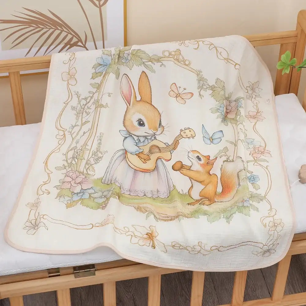 Decorative towel with cartoon animals playing music on a crib