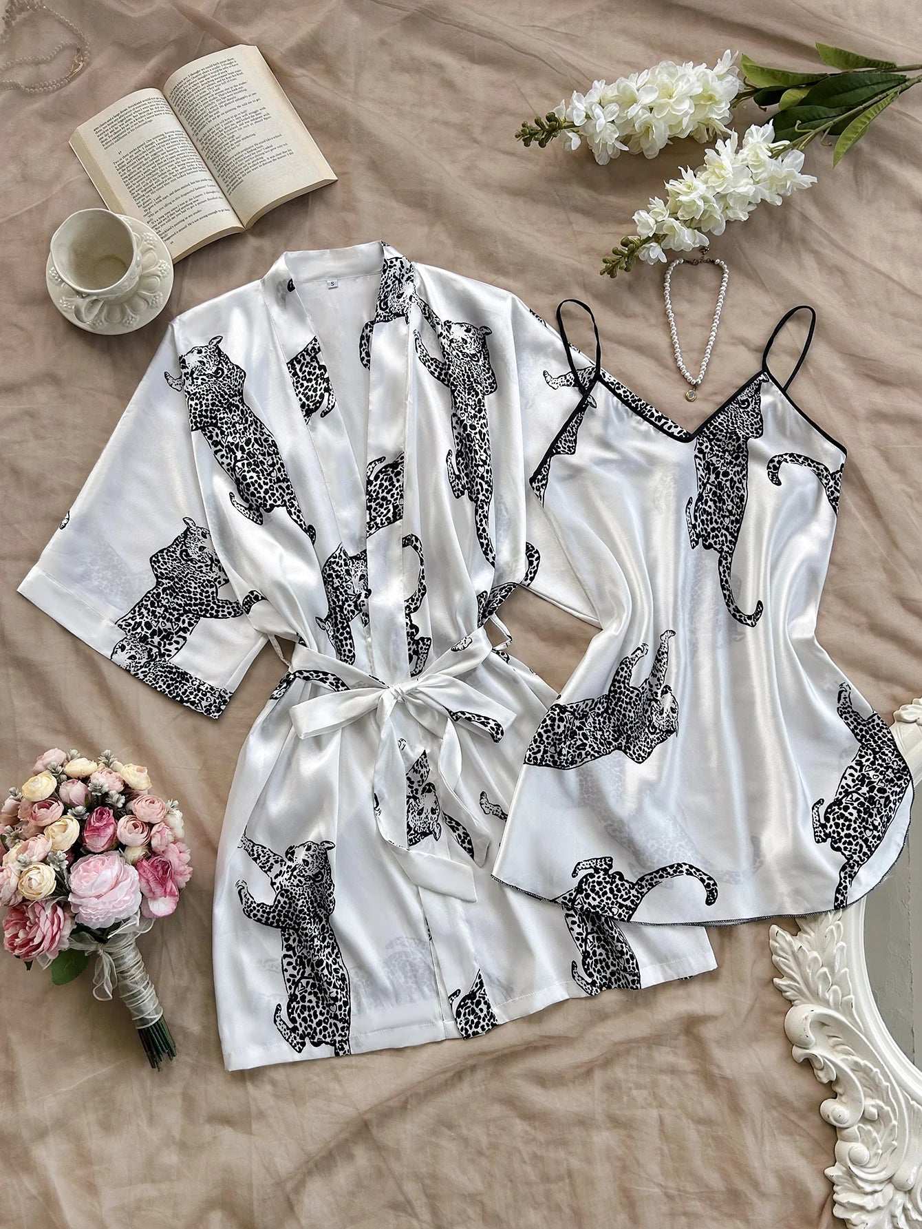 Leopard Print Satin Pajama 2 Piece Set