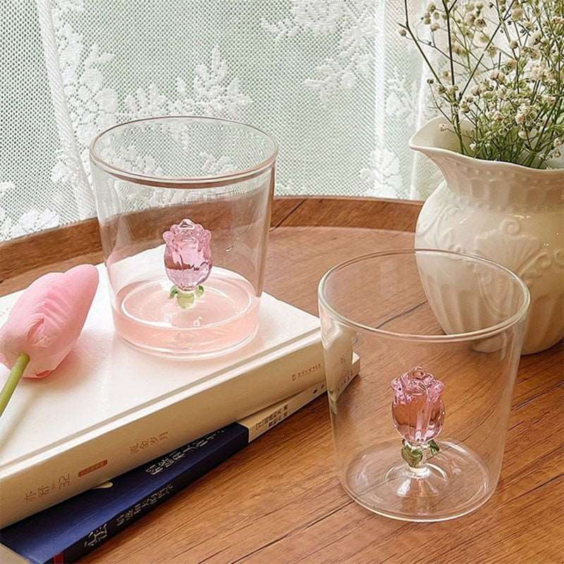 Blossoming Rose Pink 3D Flower Glass Mug
